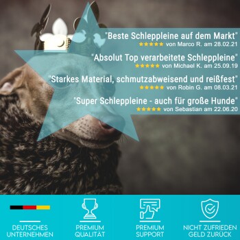 Hund mit Krone und Pelzmantel, deutsche Bewertungen loben hochwertige Hundeleinen und Zufriedenheitsgarantie-Symbole.