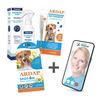 Haustierpflegeprodukte: Canosept Hundespray, ARDAP Zeckenentfernungstools, Floh- und Zecken Spot-On und ein Smartphone für Telemedizinberatung.