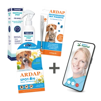Haustierpflegeprodukte: Canosept Hundespray, ARDAP Zeckenentfernungstools, Floh- und Zecken Spot-On und ein Smartphone für Telemedizinberatung.