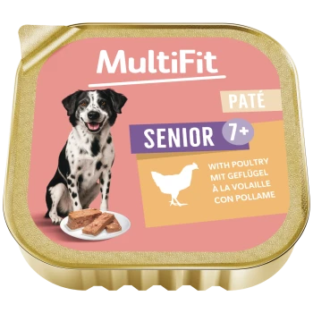 Barquette de pâté MultiFit pour animaux : «SENIOR 7+» volaille — chien noir et blanc avec assiette de pâté, opercule en feuille dorée, étiquette «PATÉ».