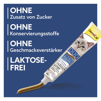 DuoPaste Katzenpaste-Tube mit Kätzchenfoto; blauer Text: "OHNE Zusatz von Zucker" und "LAKTOSE-FREI".