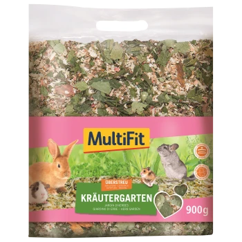 Eine Tüte MultiFit Kräutergarten Haustierbettwäsche, die eine Mischung aus Kräutern und Blättern zeigt, mit Bildern eines Kaninchens, Meerschweinchens und eines Chinchillas.