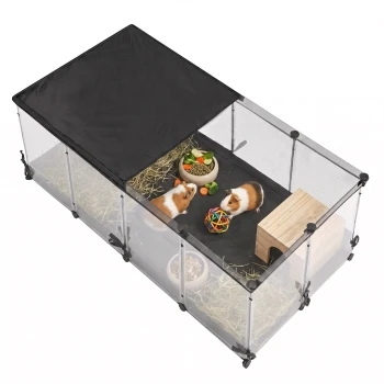 Zwei Meerschweinchen in einem transparenten modularen Auslauf mit Heu, Futternapf, Unterschlupf aus Holz, buntem Ball und schwarzer Stoffabdeckung