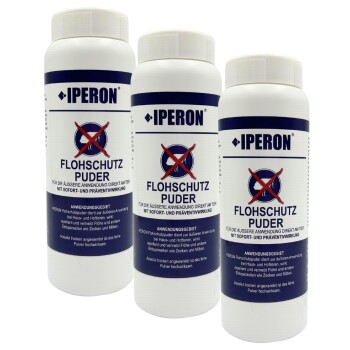 Drei weiße Flaschen IPERON Flohschutz Puder, blaue Etiketten und rotes durchgestrichenes Floh-Symbol.