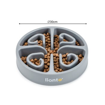 Graue langsame Futter-Schüssel für Haustiere mit spiralförmigem Design, gefüllt mit kleinen braunen Kroketten, mit einem Durchmesser von 30 cm, beschriftet mit 'lionto'.