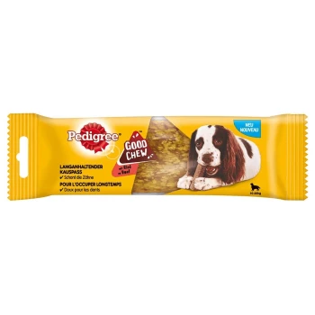 Verpackung des Pedigree Good Chew Hundeleckerlis mit einem glücklichen Hund, der auf einem Leckerli kaut, mit Text, der die zahnmedizinischen Vorteile und das neue Produkt hervorhebt.