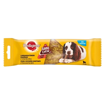 Verpackung des Pedigree Good Chew Hundeleckerlis mit einem glücklichen Hund, der auf einem Leckerli kaut, mit Text, der die zahnmedizinischen Vorteile und das neue Produkt hervorhebt.