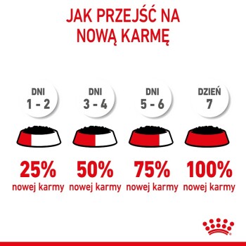 Infografika "Jak przejść na nową karmę" przedstawia 7-dniowy plan przejścia na nową karmę dla zwierząt z miseczkami procentowymi: 25%, 50%, 75% i 100%.