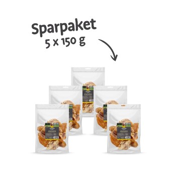Sparpaket mit Haustierleckereien, bestehend aus fünf 150g Beuteln mit Schweineohren in klarer Verpackung und Etiketten.