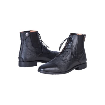 Schwarze Leder-Ankle Boots mit strukturiertem Finish, mit Schnürsenkeln und elastischen Seitenpaneelen, aus mehreren Blickwinkeln präsentiert.