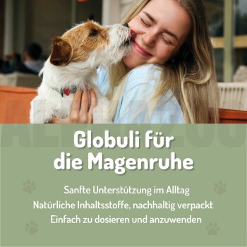 Flasche 'Magenruhe' Belly Bliss Bachblüten für Haustiere, mit der Aufschrift '0% Alkohol & Glycerin', 'Pflanzenbasiert' und 'Höchste Qualität.'