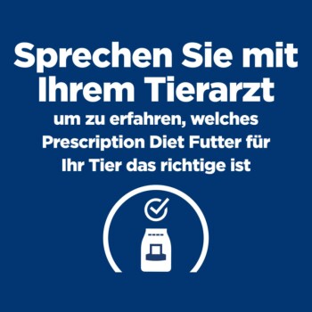 Text auf blauem Hintergrund: "Konsultieren Sie Ihren Tierarzt für die richtige Prescription Diet für Ihr Haustier." Icon eines Häkchens und einer Haustierfuttertüte.