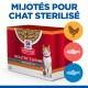 Hill's Science Plan Healthy Cuisine pour les chats stérilisés, présentant une boîte avec une image de chat et des icônes pour les saveurs poulet et poisson.