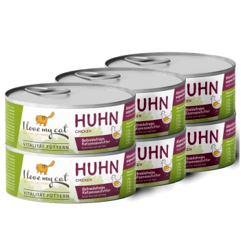 Sechs Dosen von "Ich liebe meine Katze" natürlichem Katzenfutter mit der Aufschrift "Huhn", getreidefreies Nassfutter für Katzen.