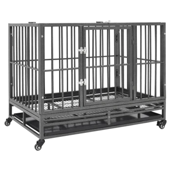 Robuste Metallhaustierkäfig mit zwei Türen, einer herausnehmbaren Schublade und Rädern für einfache Mobilität. Ideal für Hunde oder andere Haustiere.