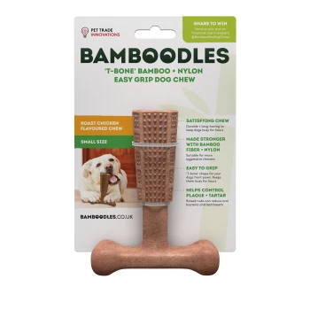 Bamboodles 'T-Bone' Dog Chew, small, roast chicken flavor, highlights durability, dental benefits, and social media sharing.