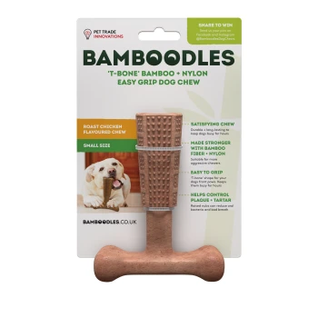Bamboodles 'T-Bone' Dog Chew, small, roast chicken flavor, highlights durability, dental benefits, and social media sharing.