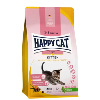 Happy Cat Kittenfutterbeutel für 2-6 Monate, mit einem verspielten Kätzchen und dem Text "Farmgeflügel" und "Alles in einem."