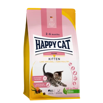 Happy Cat Kittenfutterbeutel für 2-6 Monate, mit einem verspielten Kätzchen und dem Text "Farmgeflügel" und "Alles in einem."