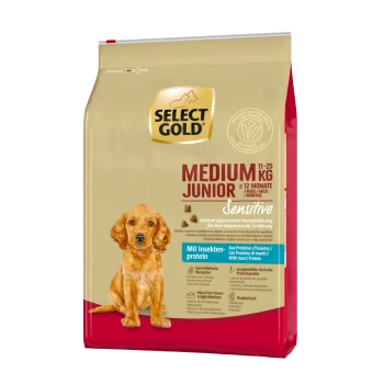 Sac de nourriture pour chiens Select Gold Medium Junior, 11-25 kg, pour chiens jusqu'à 12 mois, étiqueté "Sensitive" avec protéine d'insecte.