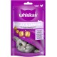 Die Verpackung von Whiskas Relax & Unwind Katzenleckerlis zeigt eine graue Katze, die aus einer lila Decke schaut, mit goldenen Leckerlis und Text zu beruhigenden Vorteilen.