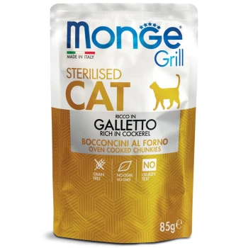Beutel mit Monge Grill sterilisiertem Katzenfutter, reich an Hähnchen, mit dem Text "Getreidefrei", "Keine OGM, kein GMO" und "Keine Tierversuche".