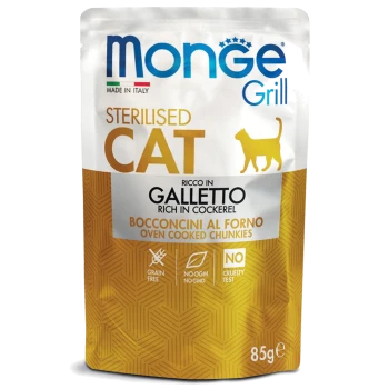Beutel mit Monge Grill sterilisiertem Katzenfutter, reich an Hähnchen, mit dem Text "Getreidefrei", "Keine OGM, kein GMO" und "Keine Tierversuche".