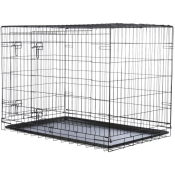 Hundebox Home 78 cm, 55 cm, 62 cm Schwarze Metall-Haustierbox mit einer abnehmbaren Kunststoffschale am Boden, ausgestattet mit zwei sicheren Verschluss-Türen an der Vorderseite.