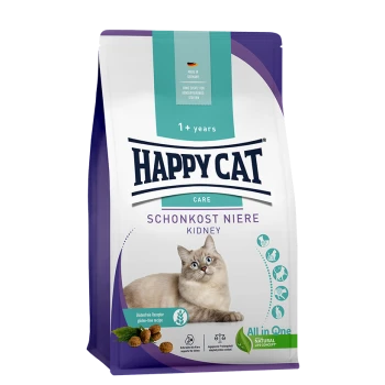 Happy Cat Care Trockenfutterbeutel mit der Aufschrift "Schonkost Niere Kidney" für Katzen ab 1 Jahr, mit einem flauschigen Katzenbild und glutenfreier Notiz.