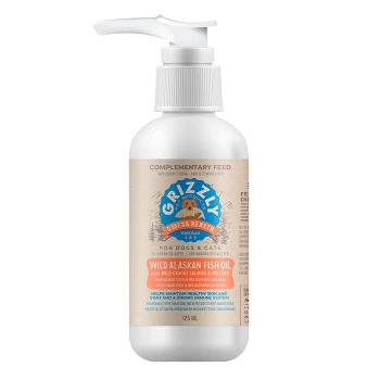 Flasche Grizzly Omega Health Wild Alaskan Fischöl für Hunde und Katzen, 125 ml, mit Pumpenspender und Nährwertangaben.