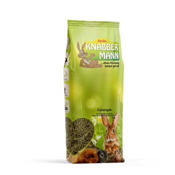5 kg Sack deuka Knabber Mann Haustierfutter für Kleintiere, mit einem Cartoon-Kaninchen und einem herzförmigen Fenster, das die Pellets zeigt.