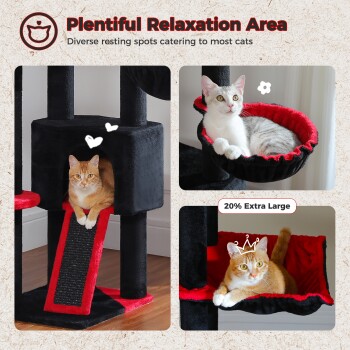 Katzenbaum mit verschiedenen Ruheplätzen: eine orangefarbene getigerte Katze liegt in einem Würfel, und eine grau-weiße Katze sitzt in einer runden Hängematte.