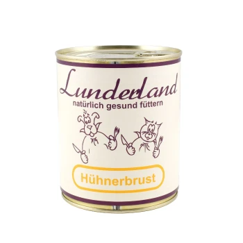 Eine Dose Haustierfutter mit der Aufschrift 'Lunderland' und dem Text 'Hühnerbrust' sowie Cartoon-Illustrationen eines Hundes und einer Katze mit Utensilien.