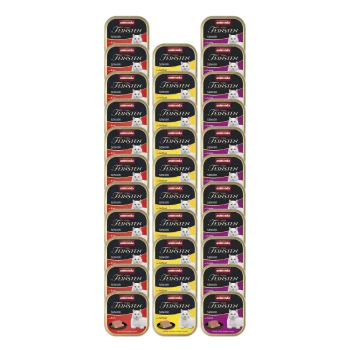 Vom Feinsten Senior Vielfalt für ältere Katzen 32 x 100 g Eine Anzeige von gestapelten Katzenfutterdosen mit der Aufschrift 'animonda FEINSTEN SENIOR' in verschiedenen Geschmacksrichtungen, mit einer weißen Katze auf der Verpackung.