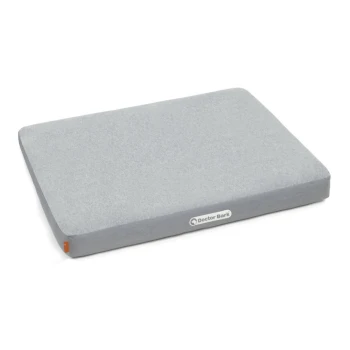 Graues rechteckiges Haustierbett mit einer weichen Oberfläche, mit einem "Doctor Bark"-Logo an der Seite.