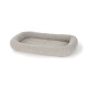A soft, rectangular pet bed in light gray, featuring a plush, fluffy exterior and a padded interior for comfort.