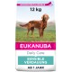 Eukanuba Daily Care Hundefutterbeutel, 12 kg, mit einem Golden Retriever auf der Vorderseite, beschriftet mit "Sensible Verdauung" und "AB 1 JAHR."