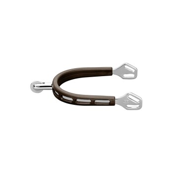 Brauner Pferdereitsporn mit silbernen Metallenden, mit einem eleganten Design und Ausschnitten.