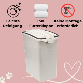 Weißer Futterbehälter mit Deckel vor rosa Hintergrund; Text: "Leichte Reinigung, Inkl. Futterklappe, Keine Montage erforderlich"