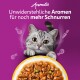 Grau-getigerte Katze lugt über eine Futterschale auf violettem Hintergrund; Text: ‚Unwiderstehliche Aromen für noch mehr Schnurren‘
