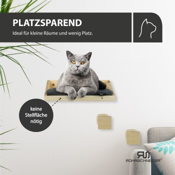Graue Katze ruht auf einem wandmontierten Holz-Katzenregal mit Kissen, deutscher Text: "PLATZSPAREND Ideal für kleine Räume und wenig Platz," "keine Stellfläche nötig."