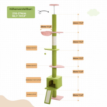 Katzenbaum mit verstellbaren Höhen für verschiedene Deckenhöhen, mit vier Modellen von 210-274 cm, in grünem Design.