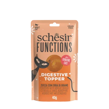 Schesir Functions Digestive Topper for adult sensitive cats, pumpkin with wheat grass, grain free, 40g pouch.