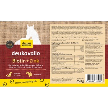 deukavallo Biotin + Zink Ergänzung für Pferde, mit einer Pferdesilhouette, Nährwertinformationen und Anwendungsempfehlungen.