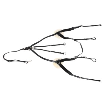 Schwarzes Haustiergeschirr mit weicher Polsterung, mit mehreren verstellbaren Riemen und Clips für eine sichere Passform.