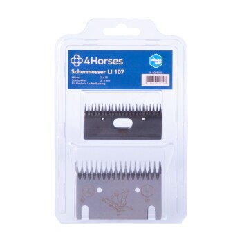 Zwei Pferdepflegeklingen in einer klaren Plastikverpackung, beschriftet mit "4 Horses Schermesser LI 107," mit Angaben zur Zahnanzahl und Schnitthöhe.