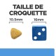Image montrant une croquette pour animaux de compagnie à côté d'un dé bleu pour comparaison de taille. La croquette mesure 10,5 mm, le dé mesure 16 mm. Le texte indique "TAILLE DE CROQUETTE."