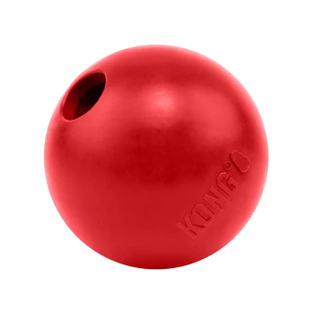 Balle distributrice de friandises KONG en caoutchouc rouge avec une seule ouverture et logo KONG en relief