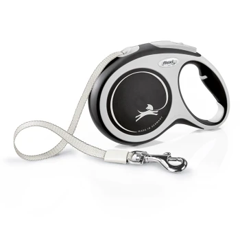 A retractable dog leash with a black and silver casing, featuring a white cord and a metal clip, labeled "made in Germany."
