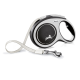 A retractable dog leash with a black and silver casing, featuring a white cord and a metal clip, labeled "made in Germany."